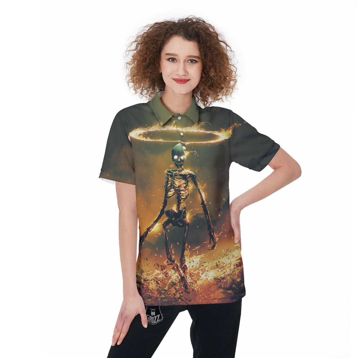 Fire Skeleton Print Women's Golf Shirts-grizzshop