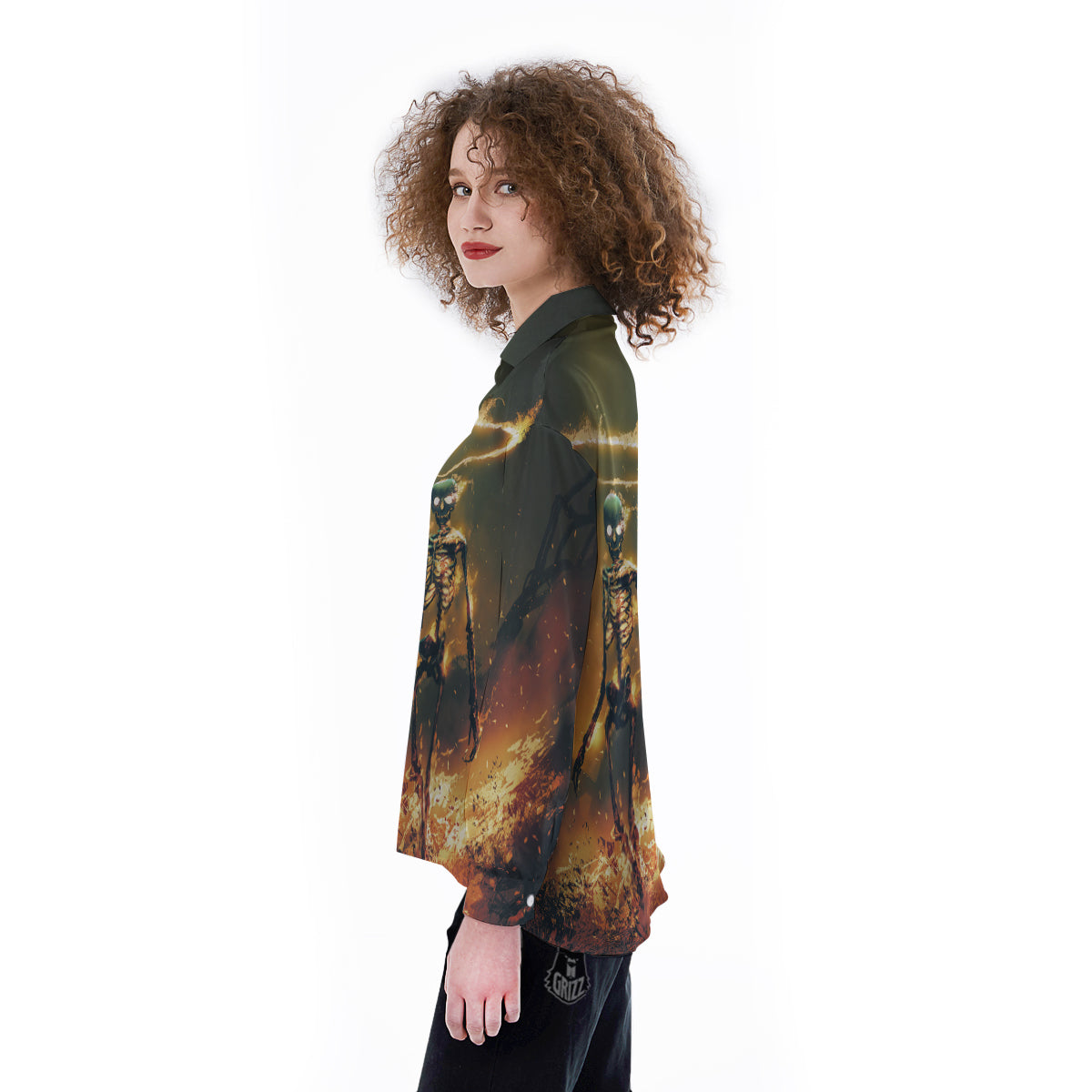 Fire Skeleton Print Women's Long Sleeve Shirts-grizzshop