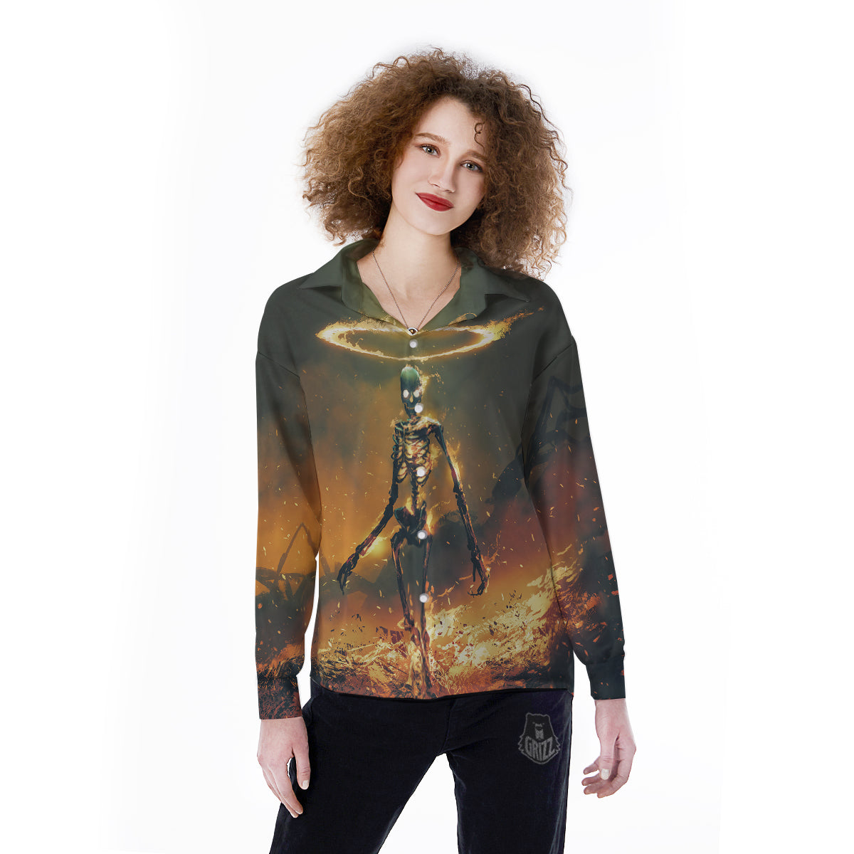 Fire Skeleton Print Women's Long Sleeve Shirts-grizzshop
