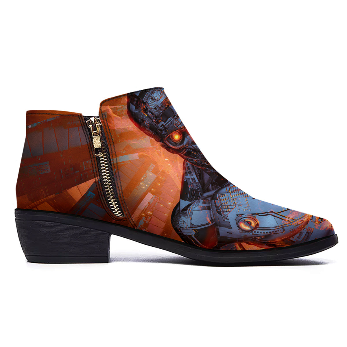 Fire Skeleton Robot Print Ankle Boots-grizzshop