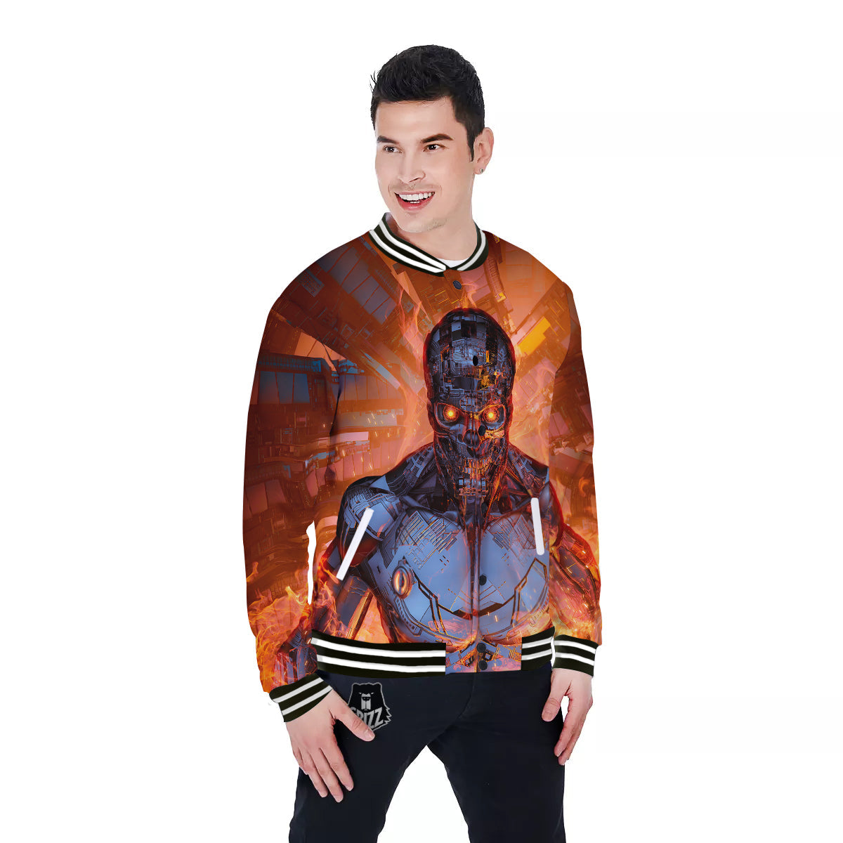 Fire Skeleton Robot Print Baseball Jacket-grizzshop