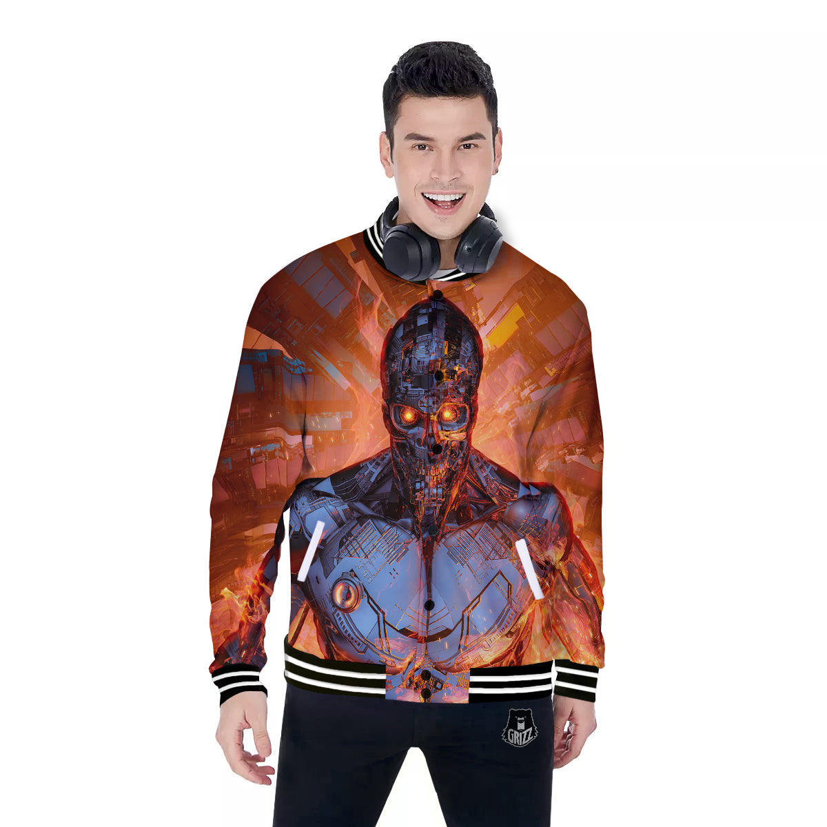 Fire Skeleton Robot Print Baseball Jacket-grizzshop