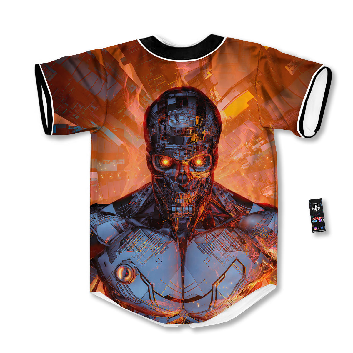 Fire Skeleton Robot Print Baseball Jersey-grizzshop