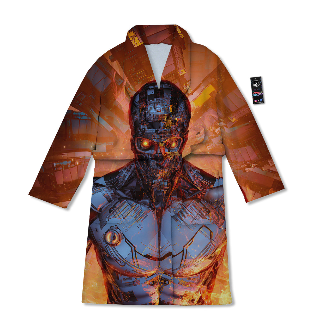 Fire Skeleton Robot Print Bathrobe-grizzshop