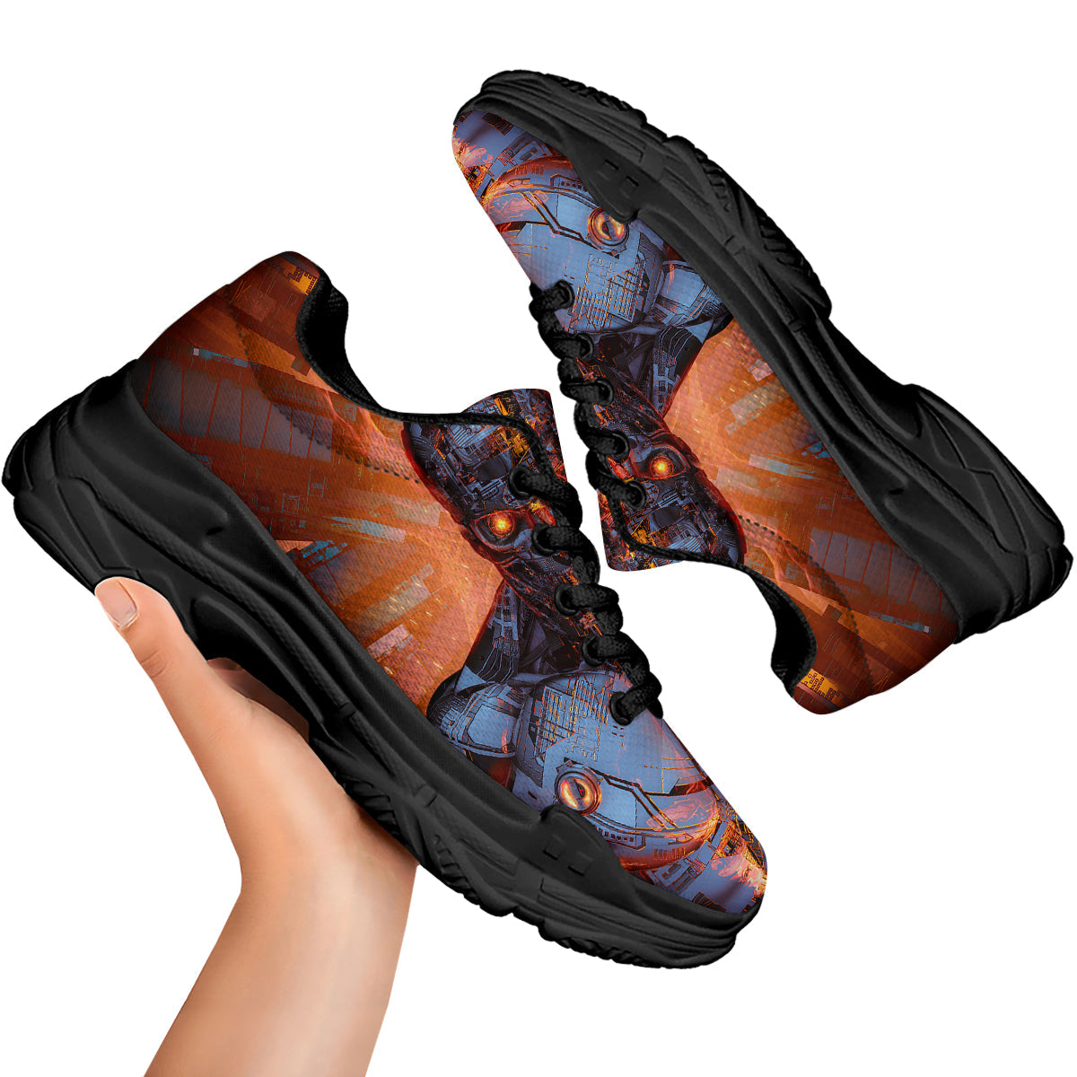 Fire Skeleton Robot Print Black Chunky Shoes-grizzshop