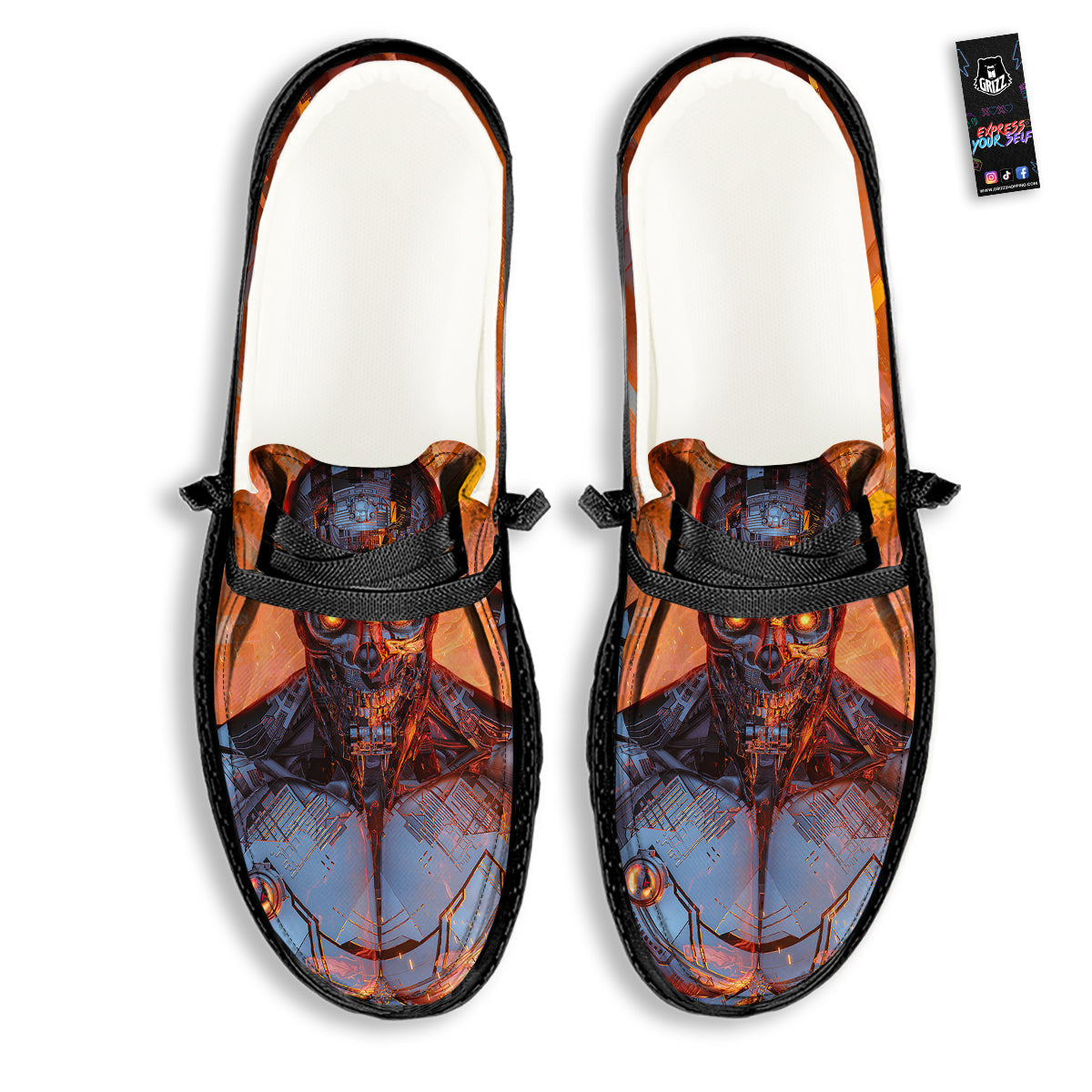 Fire Skeleton Robot Print Black Loafers-grizzshop