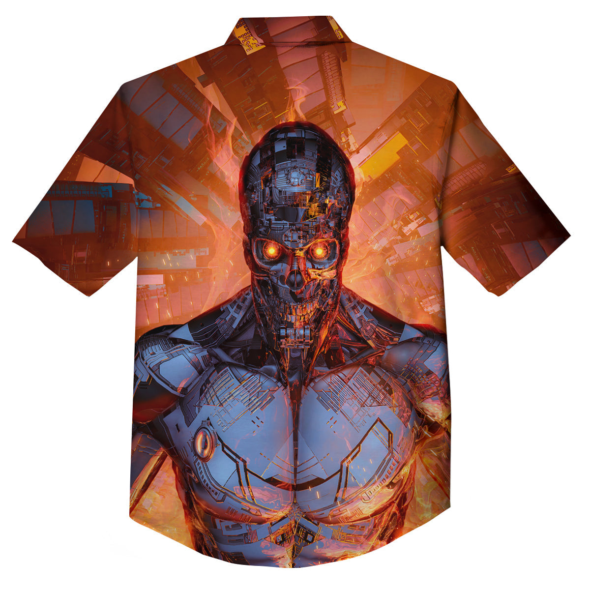 Fire Skeleton Robot Print Button Up Shirt-grizzshop