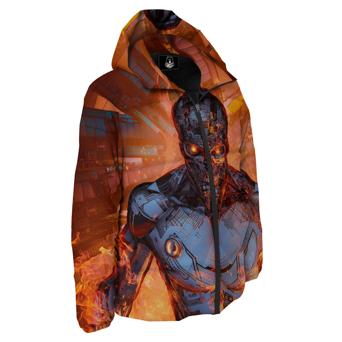 Fire Skeleton Robot Print Down Jacket-grizzshop