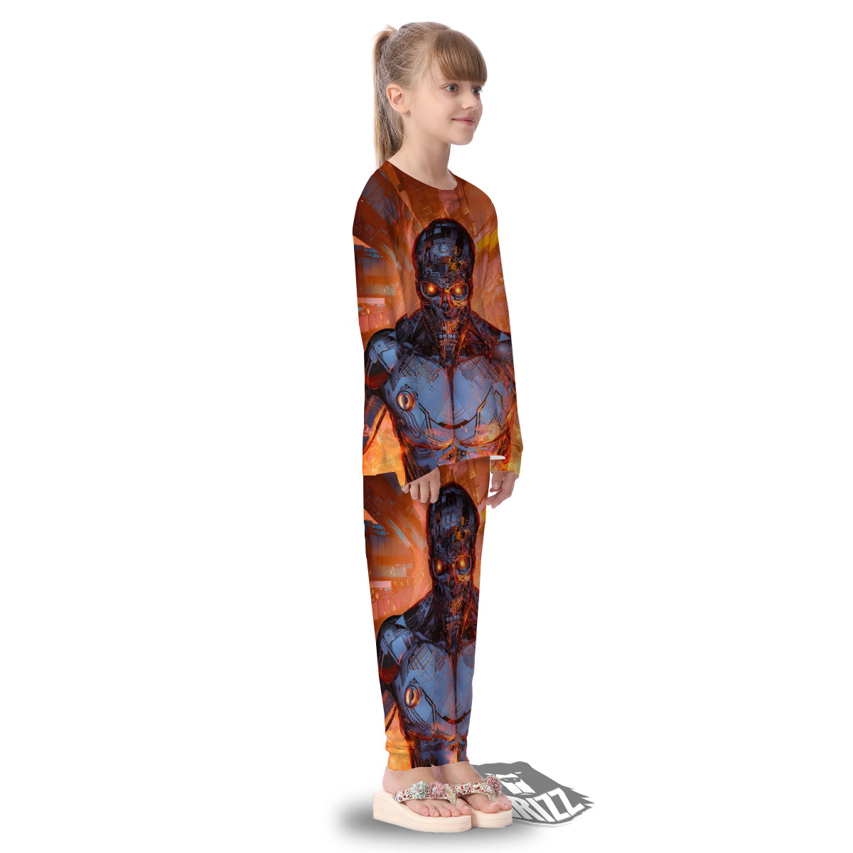 Fire Skeleton Robot Print Kid's Pajamas-grizzshop