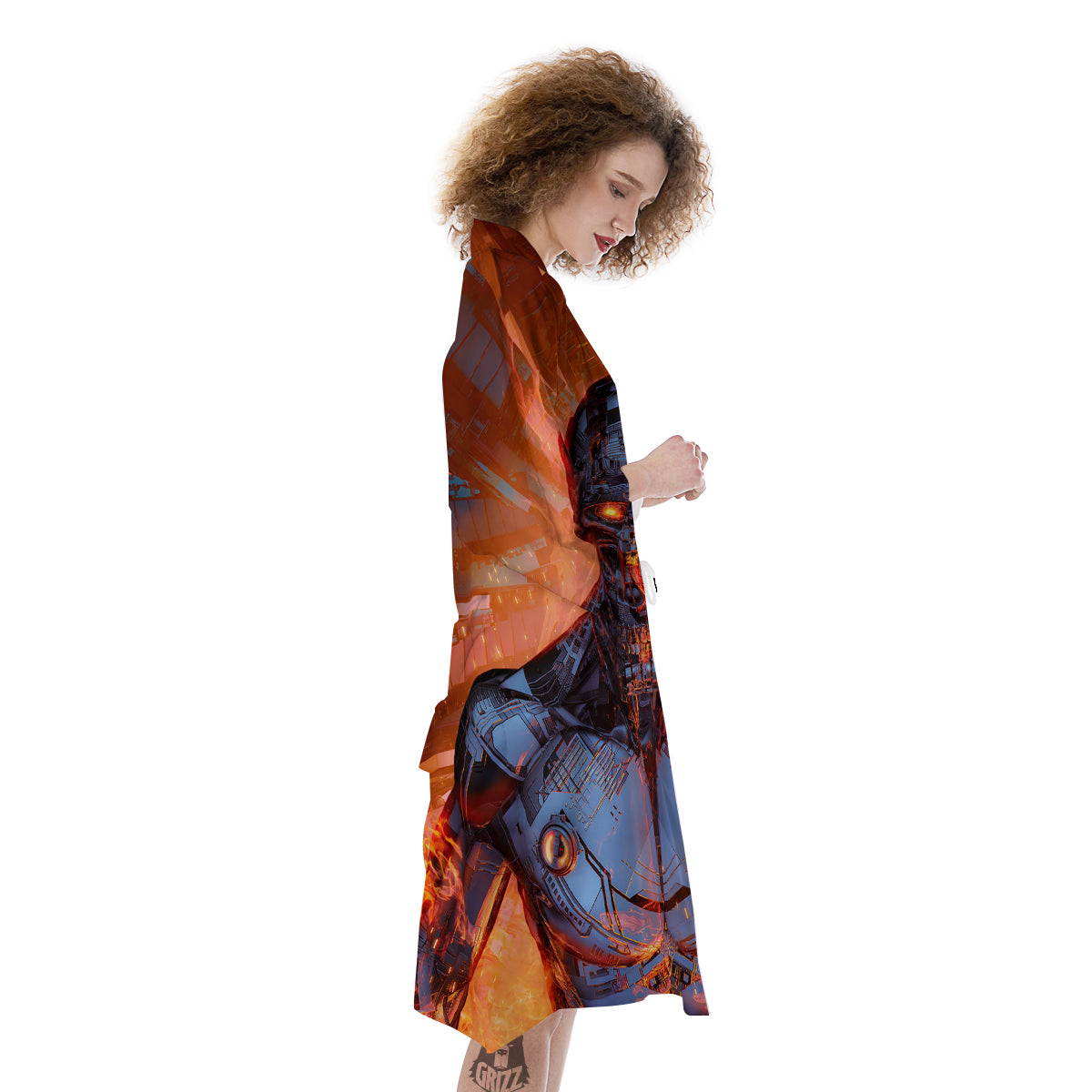 Fire Skeleton Robot Print Kimono-grizzshop