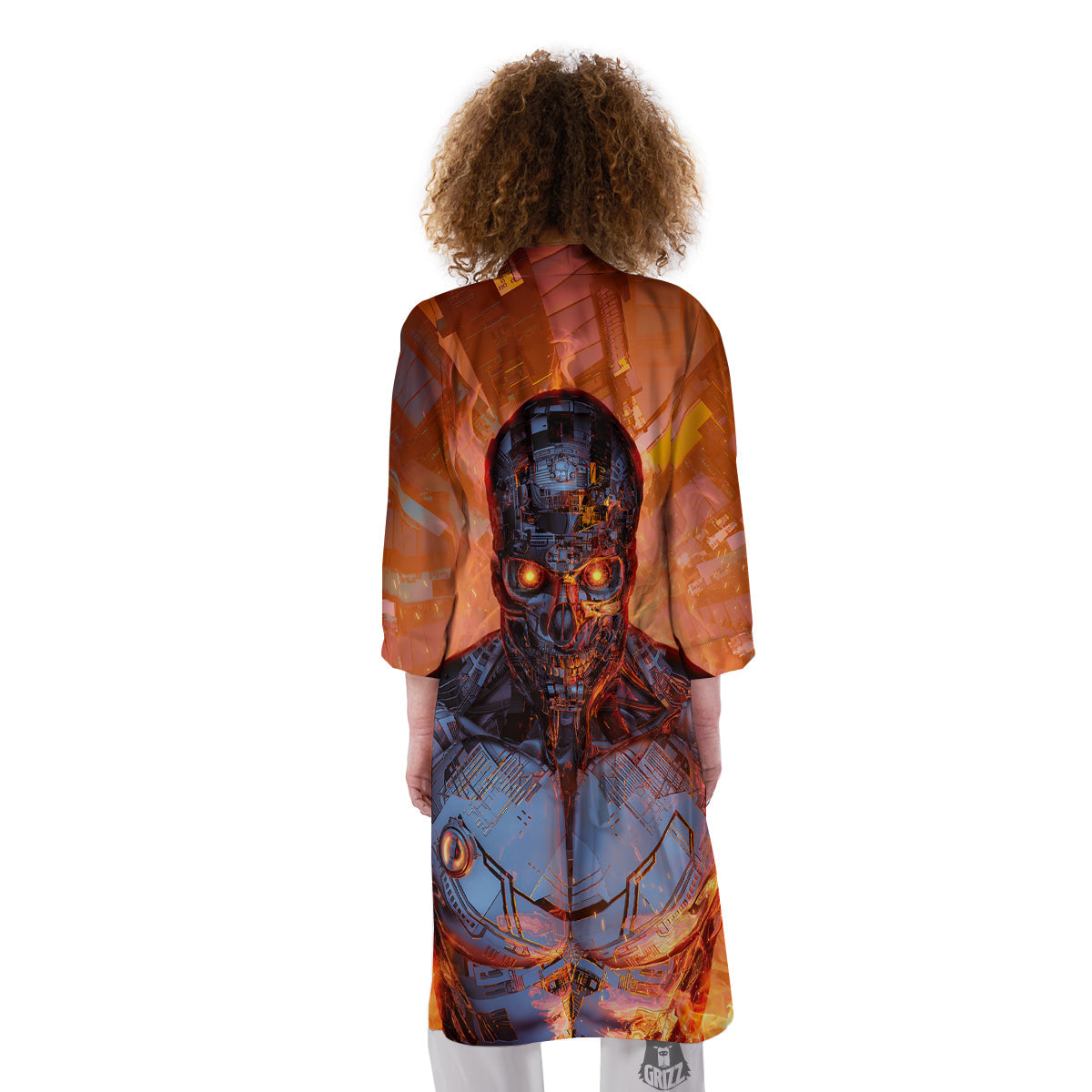 Fire Skeleton Robot Print Kimono-grizzshop