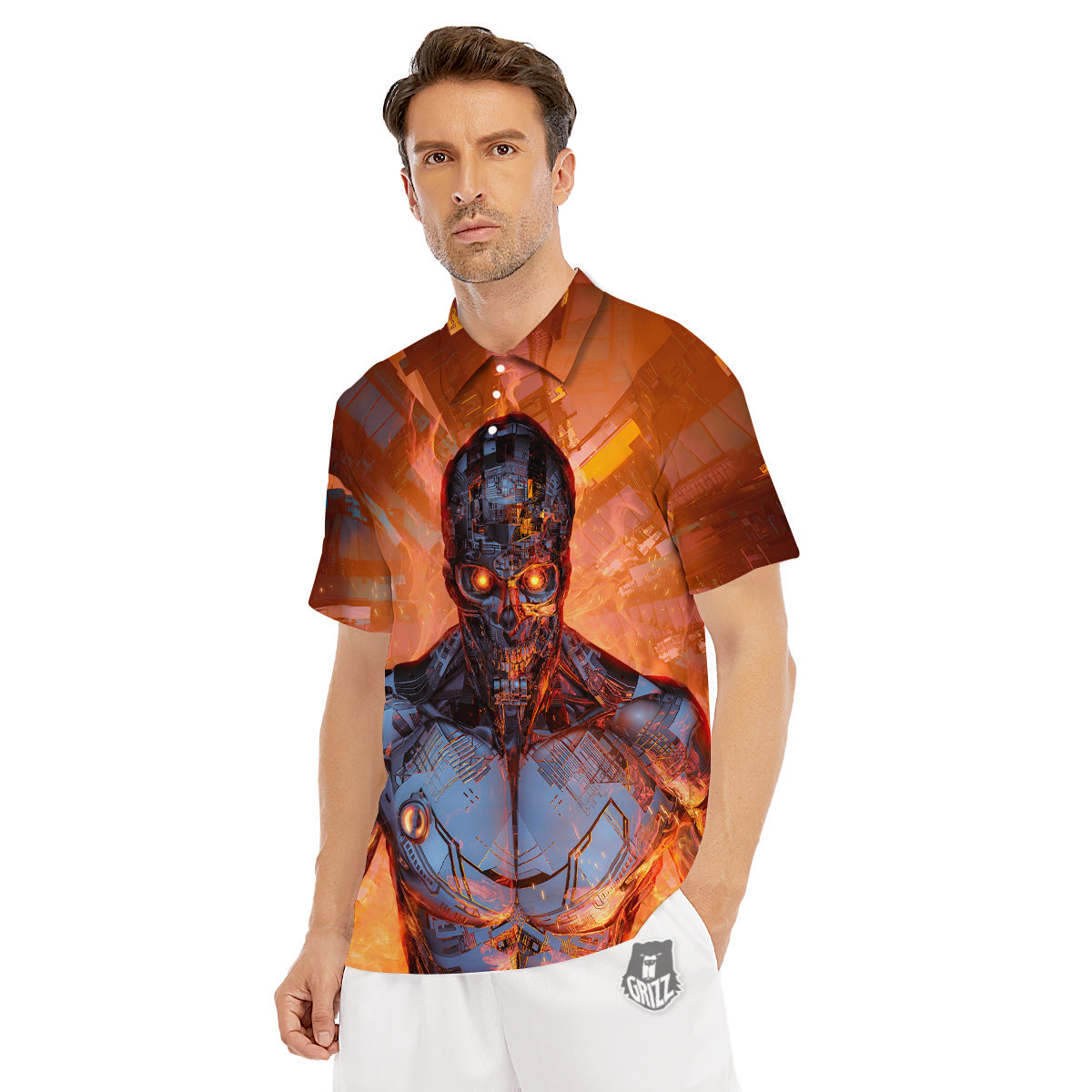 Fire Skeleton Robot Print Men's Golf Shirts-grizzshop
