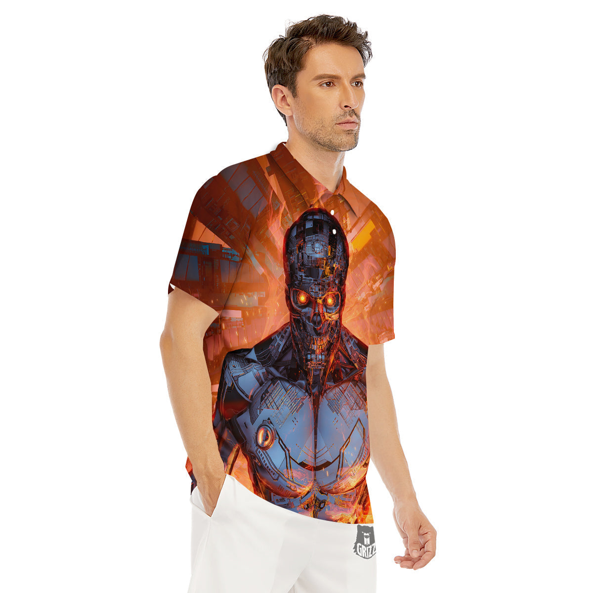 Fire Skeleton Robot Print Men's Golf Shirts-grizzshop