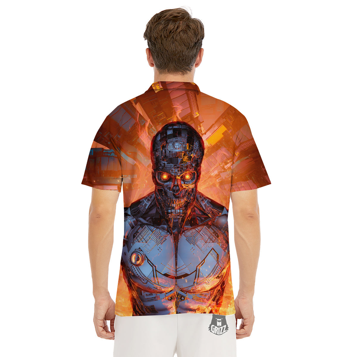 Fire Skeleton Robot Print Men's Golf Shirts-grizzshop