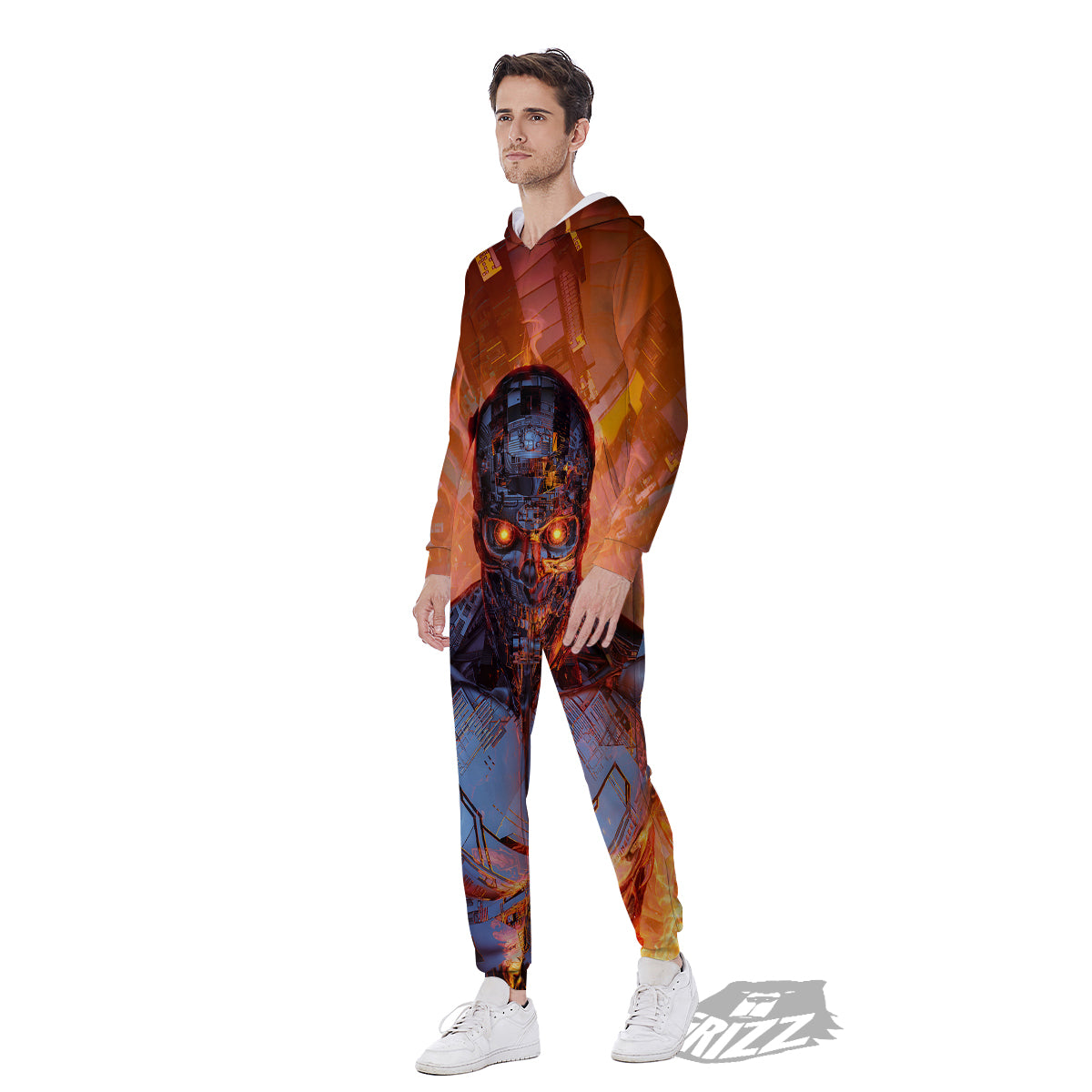 Fire Skeleton Robot Print Men's Jumpsuit-grizzshop