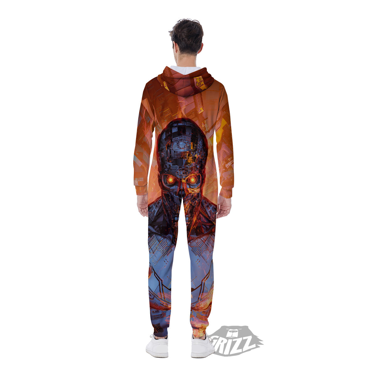 Fire Skeleton Robot Print Men's Jumpsuit-grizzshop