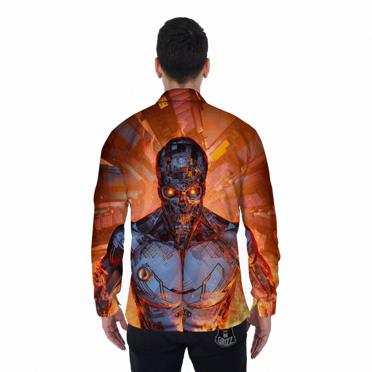 Fire Skeleton Robot Print Men's Long Sleeve Shirts-grizzshop