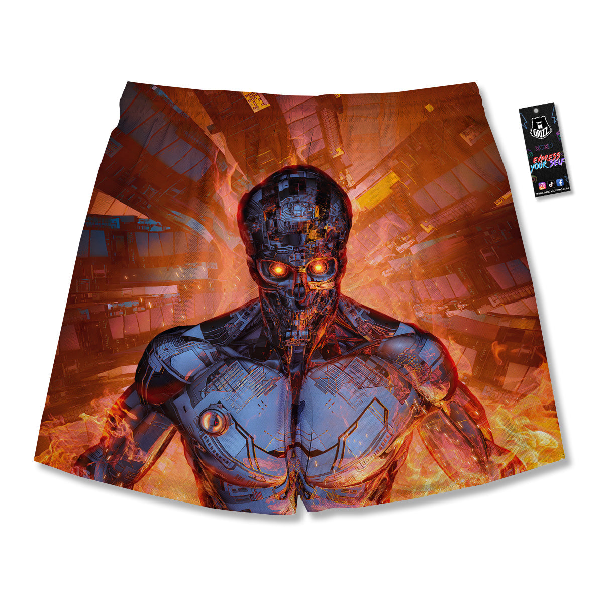 Fire Skeleton Robot Print Men's Running Shorts-grizzshop