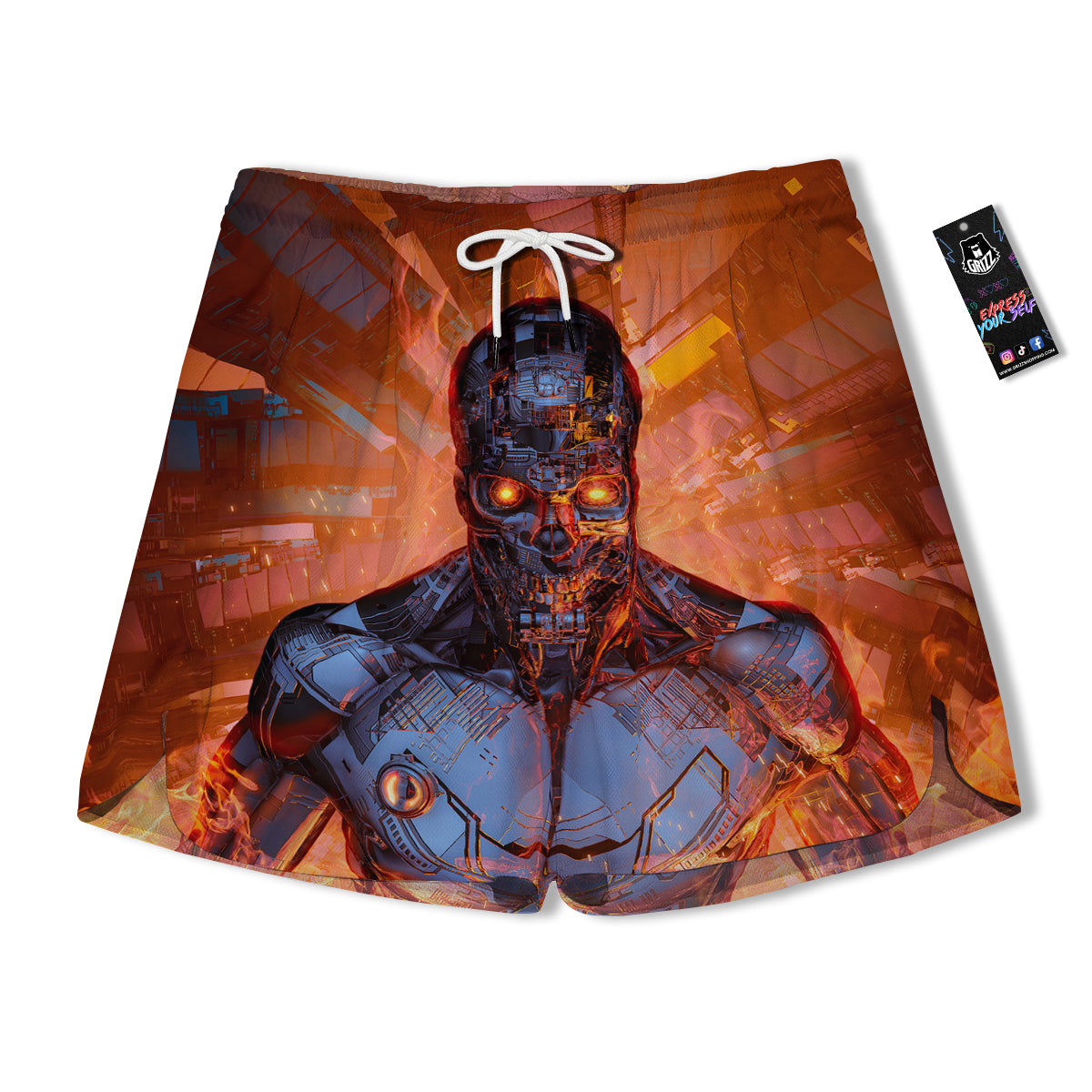 Fire Skeleton Robot Print Men's Running Shorts-grizzshop
