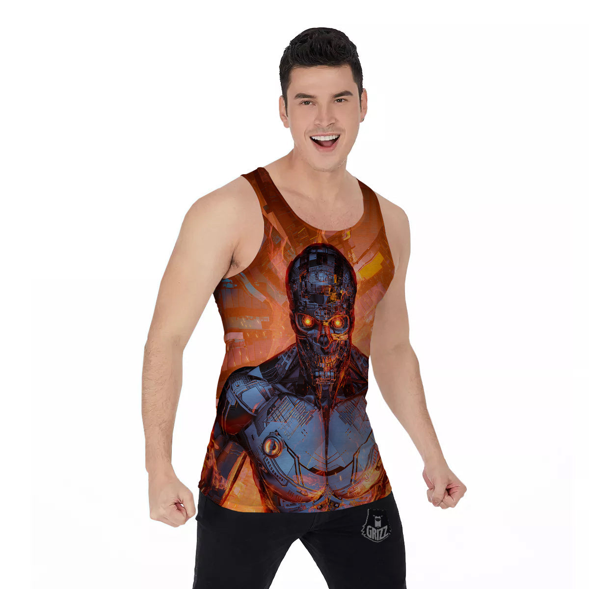 Fire Skeleton Robot Print Men's Tank Top-grizzshop