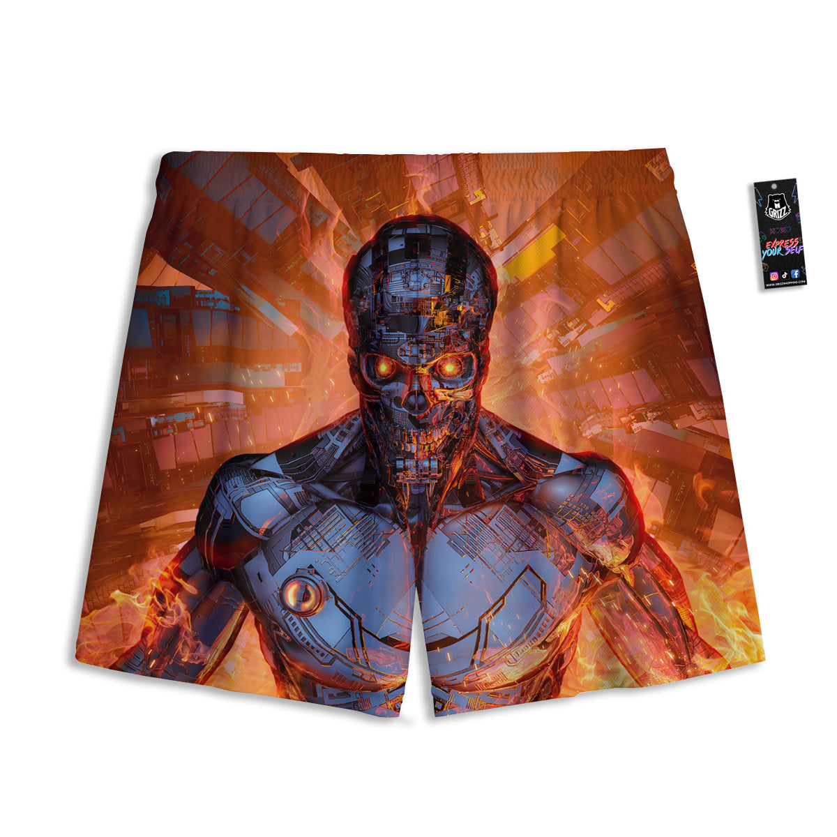 Fire Skeleton Robot Print Mesh Shorts-grizzshop
