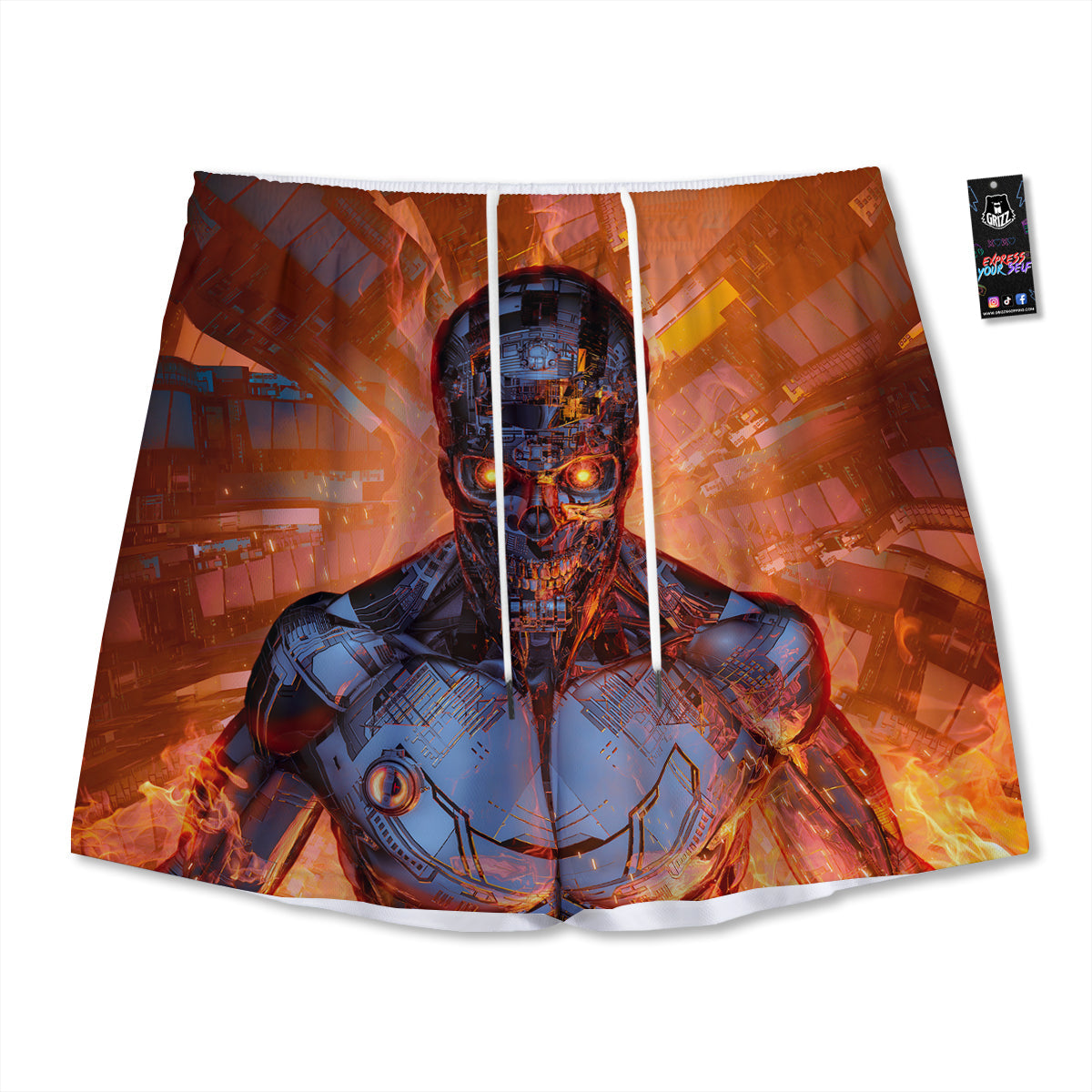 Fire Skeleton Robot Print Mesh Shorts-grizzshop