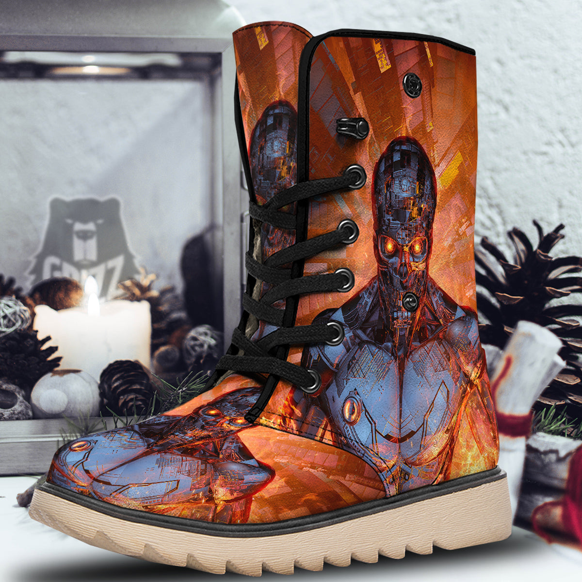 Fire Skeleton Robot Print Snow Boots-grizzshop