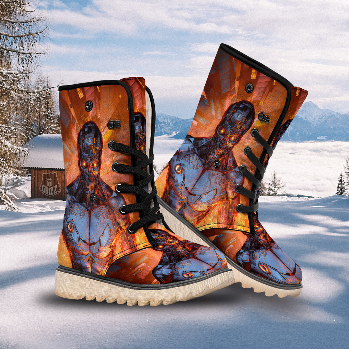 Fire Skeleton Robot Print Snow Boots-grizzshop
