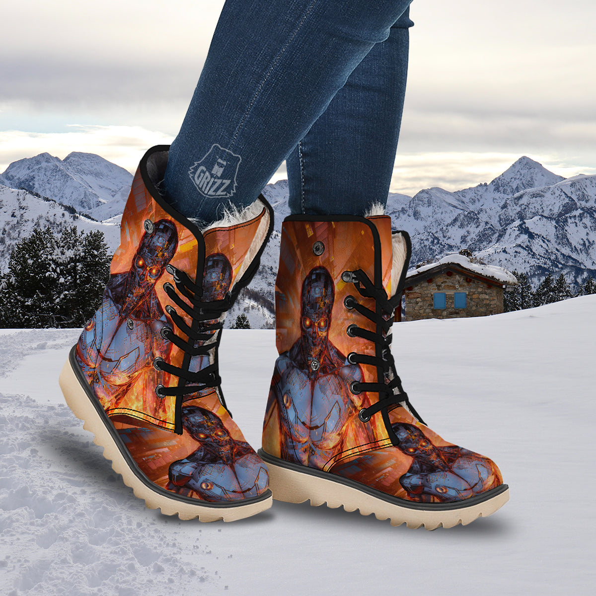 Fire Skeleton Robot Print Snow Boots-grizzshop