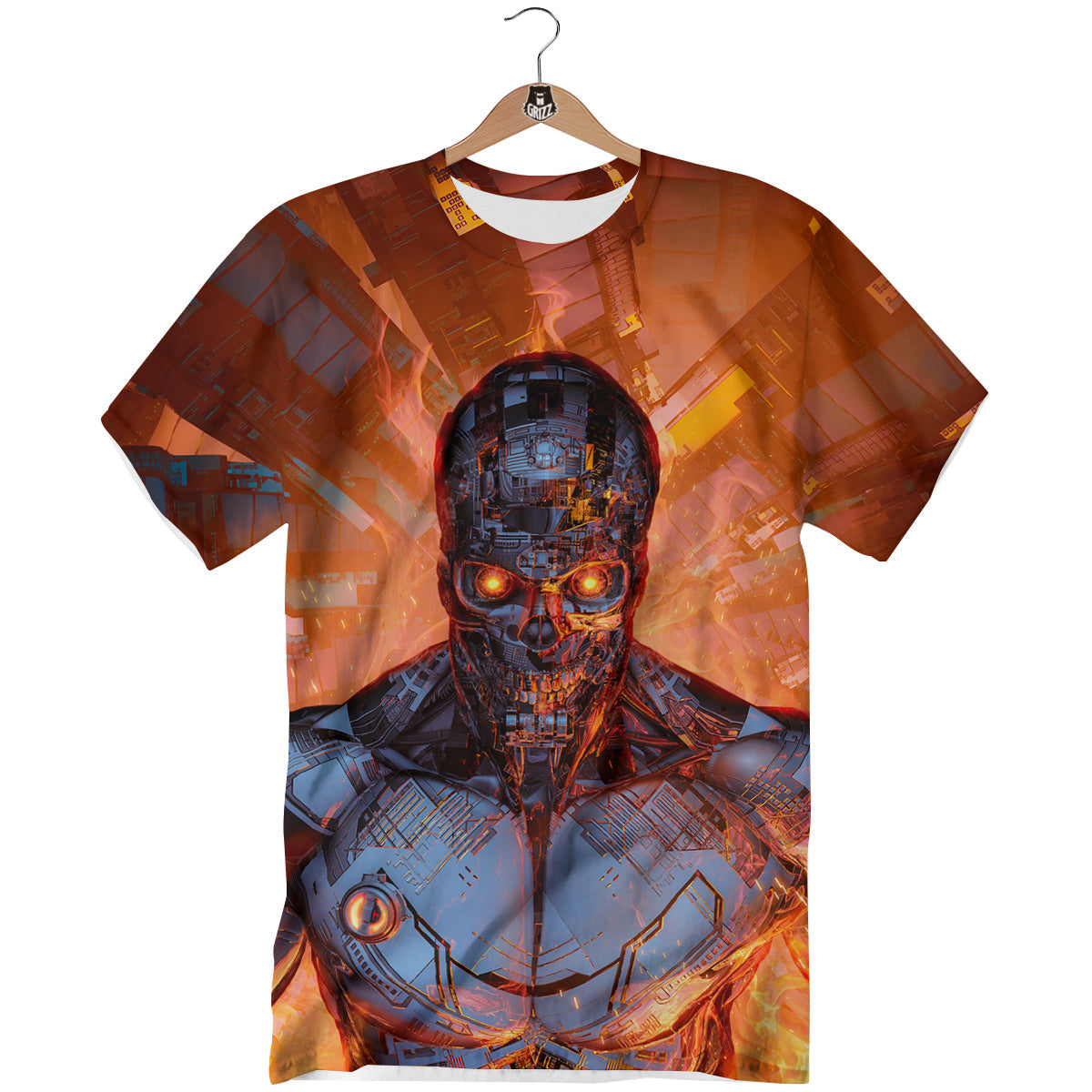 Fire Skeleton Robot Print T-Shirt-grizzshop