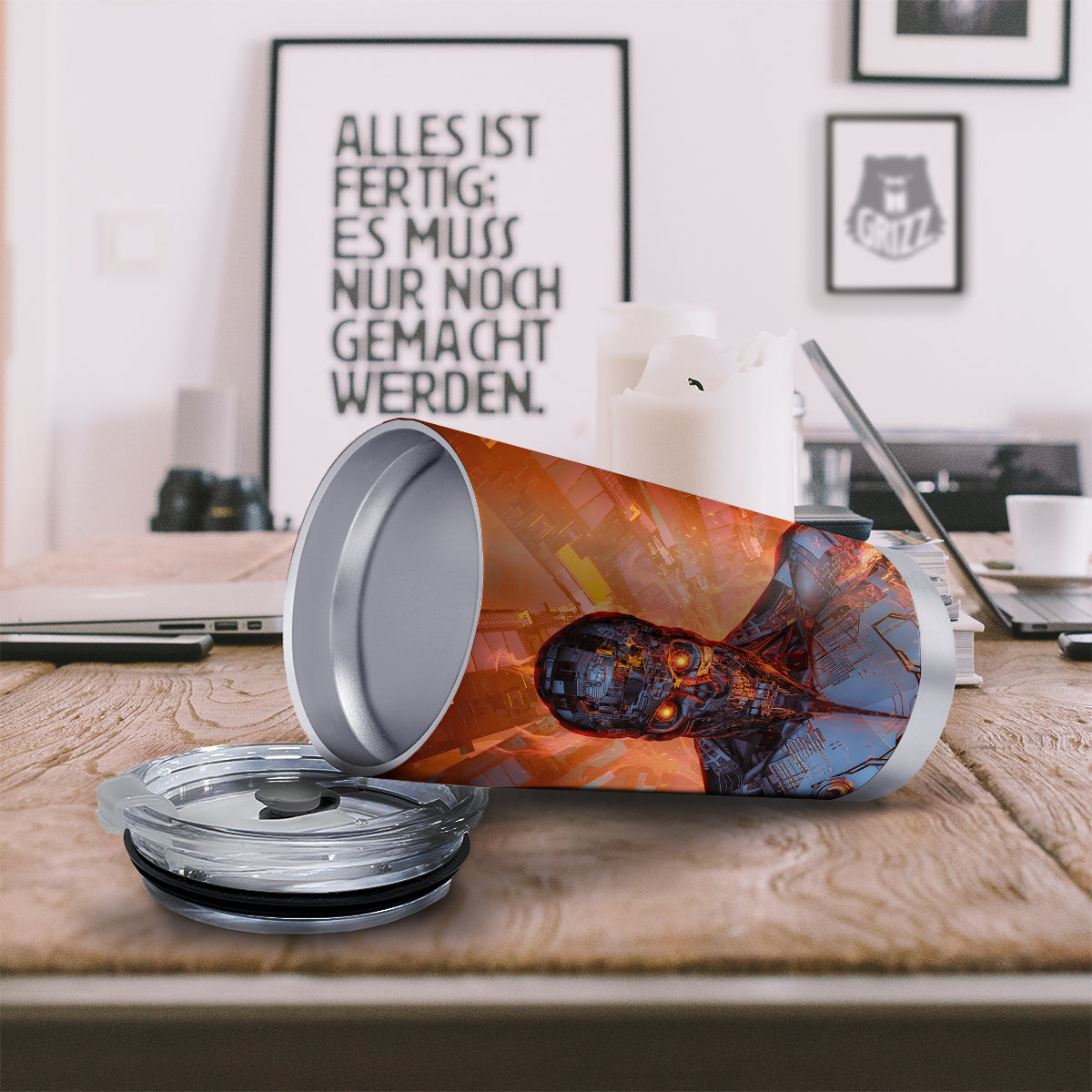 Fire Skeleton Robot Print Tumbler-grizzshop