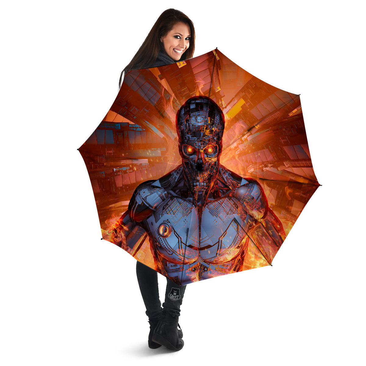 Fire Skeleton Robot Print Umbrella-grizzshop