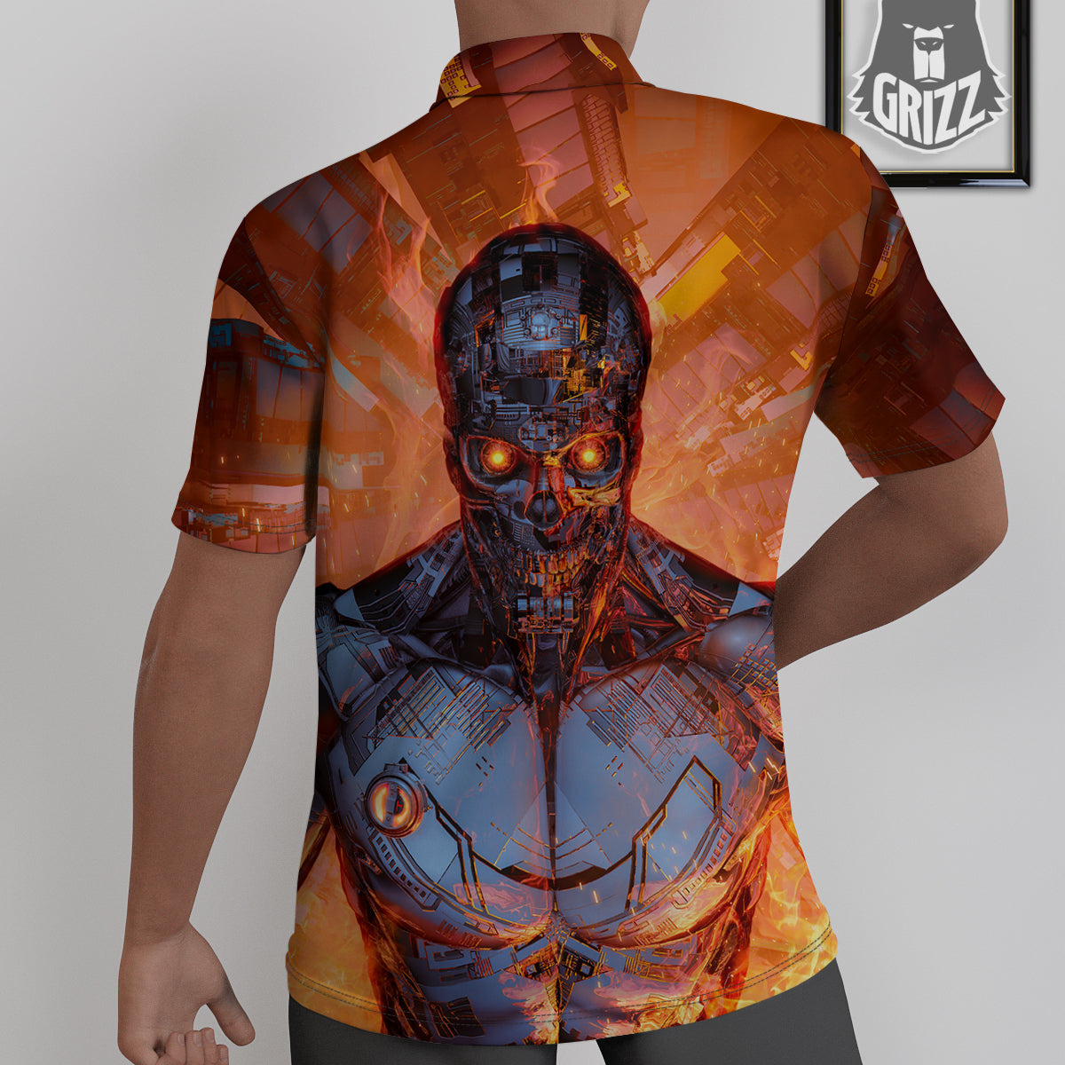 Fire Skeleton Robot Print Untucked Shirts-grizzshop