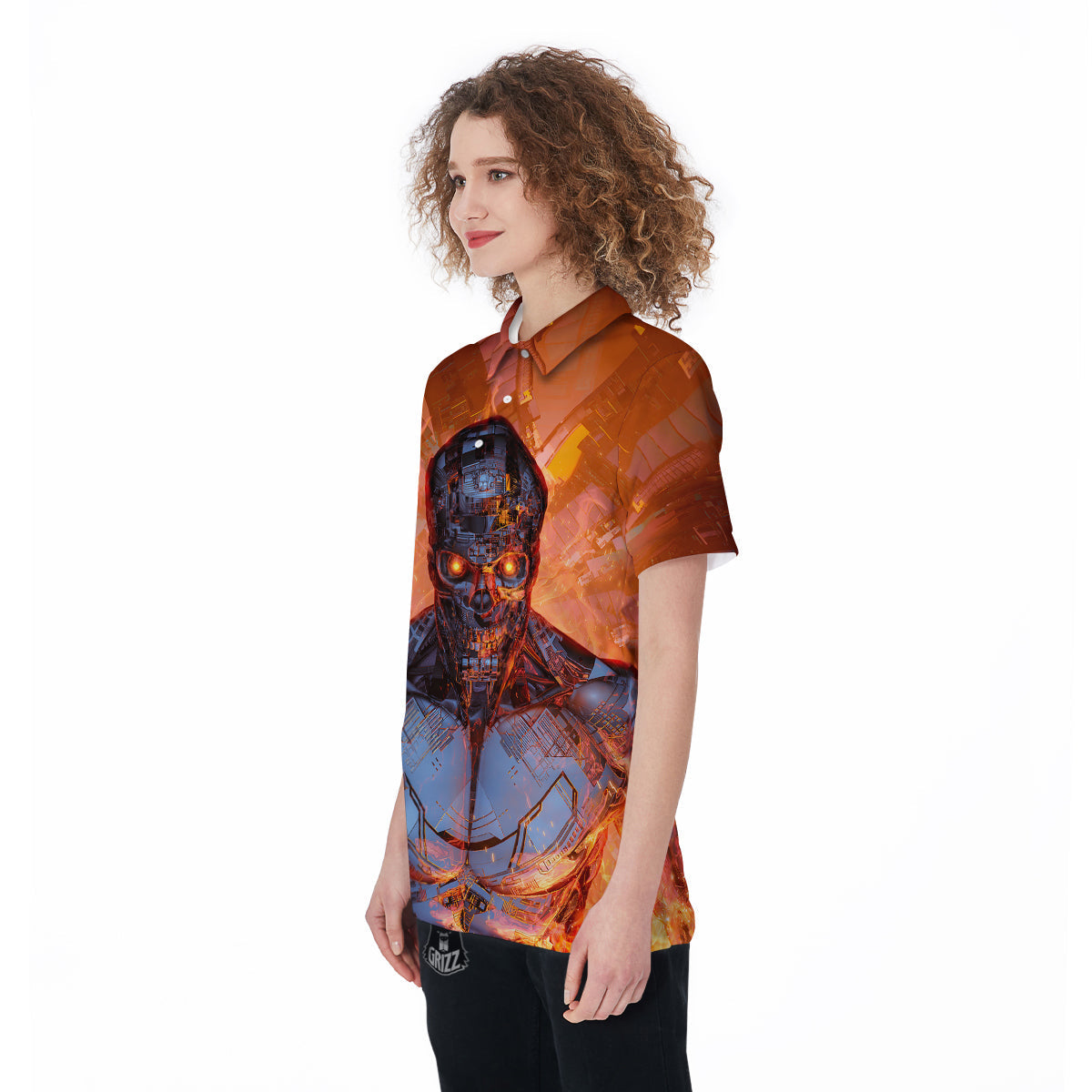 Fire Skeleton Robot Print Women's Golf Shirts-grizzshop