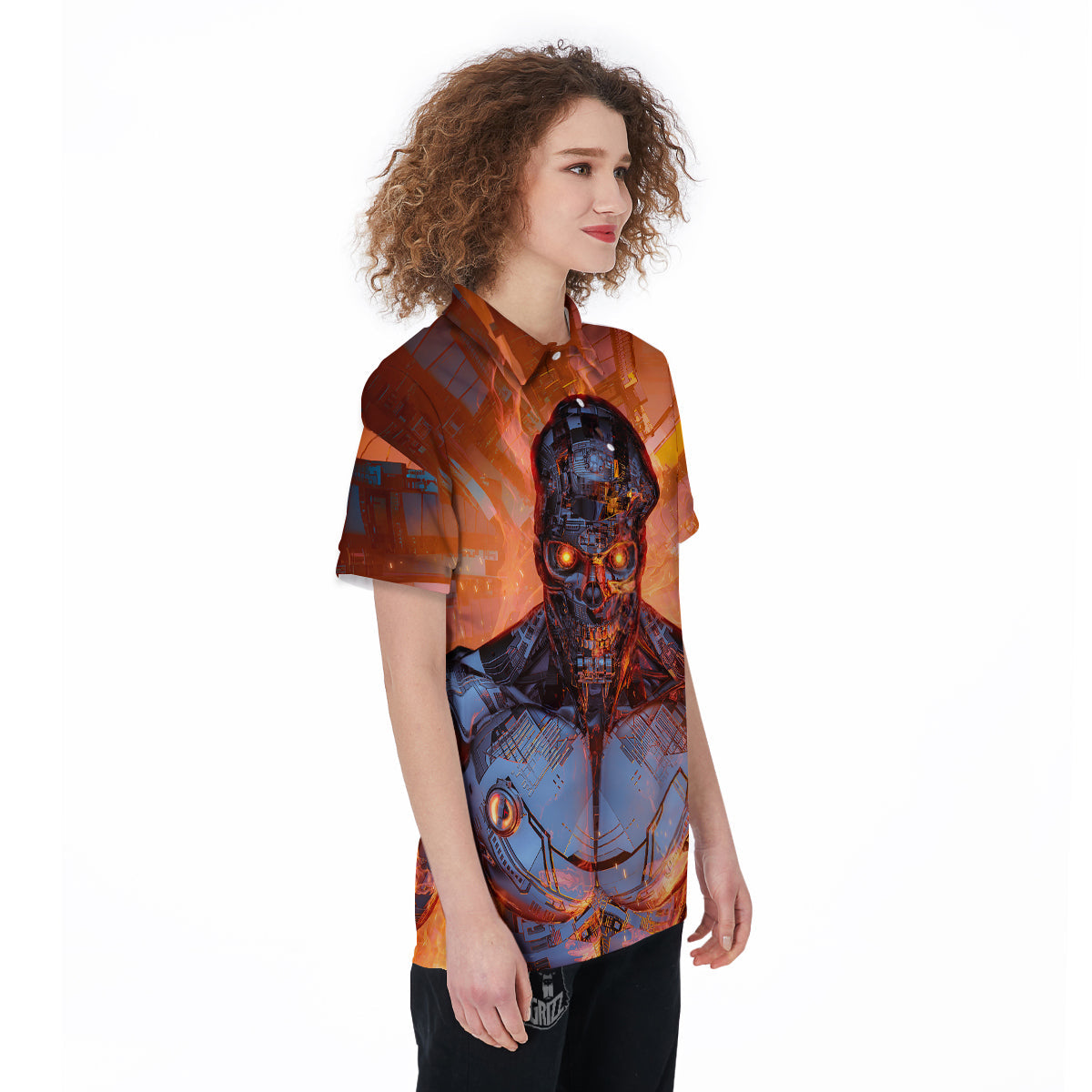 Fire Skeleton Robot Print Women's Golf Shirts-grizzshop