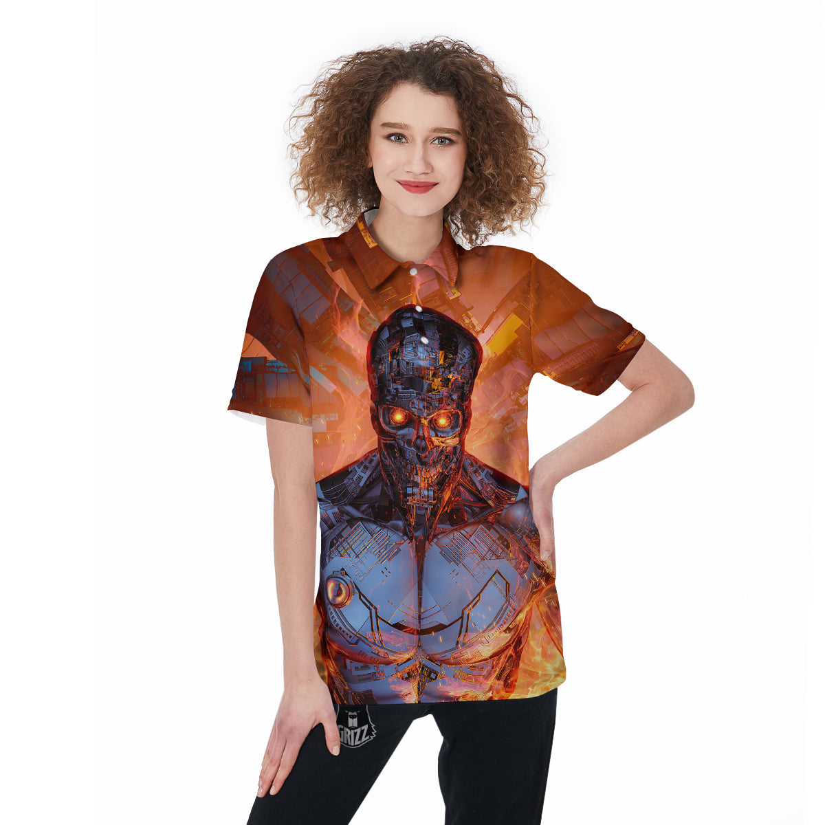 Fire Skeleton Robot Print Women's Golf Shirts-grizzshop