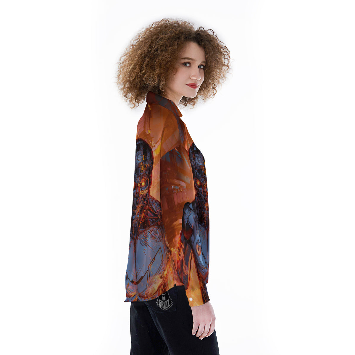 Fire Skeleton Robot Print Women's Long Sleeve Shirts-grizzshop
