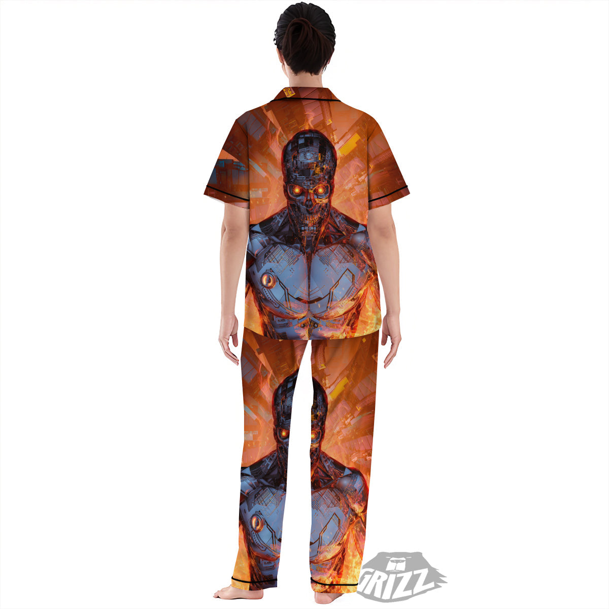 Fire Skeleton Robot Print Women's Pajamas Set-grizzshop