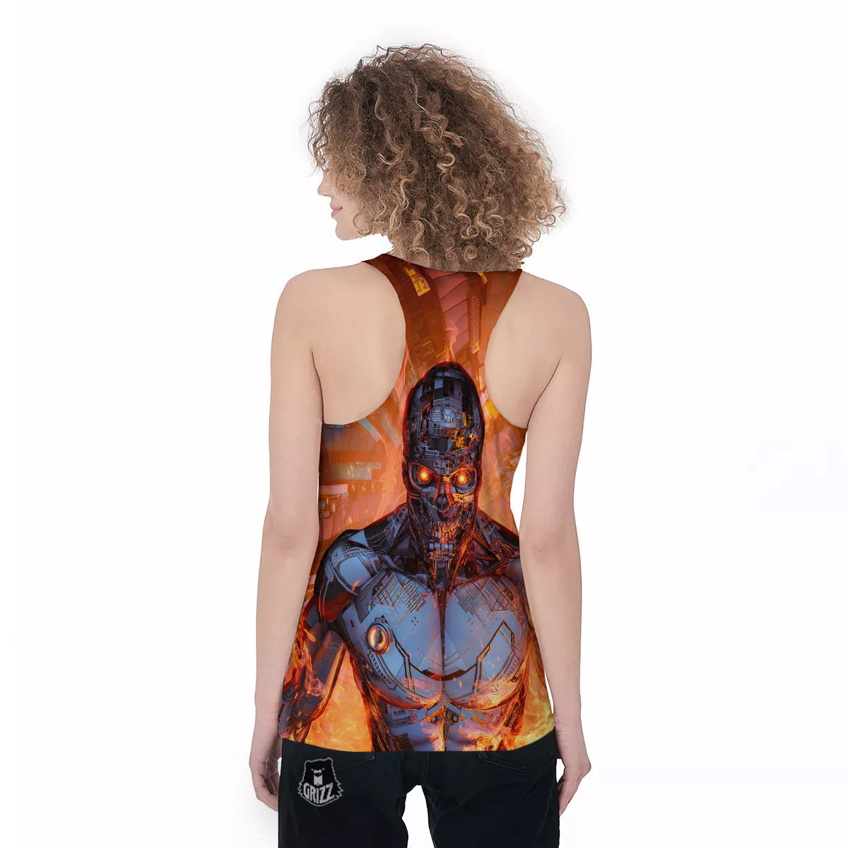 Fire Skeleton Robot Print Women's Racerback Tank Top-grizzshop