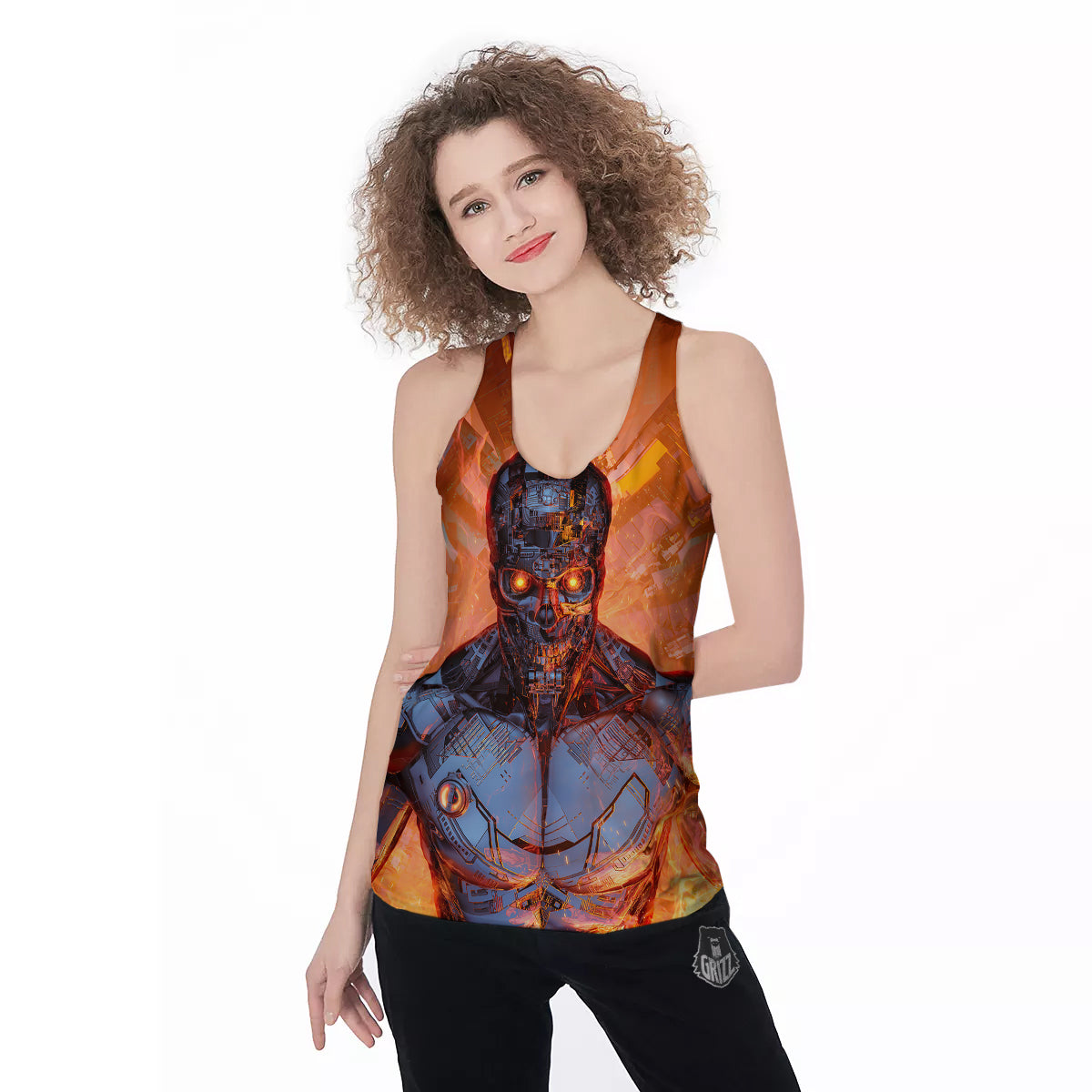Fire Skeleton Robot Print Women's Racerback Tank Top-grizzshop