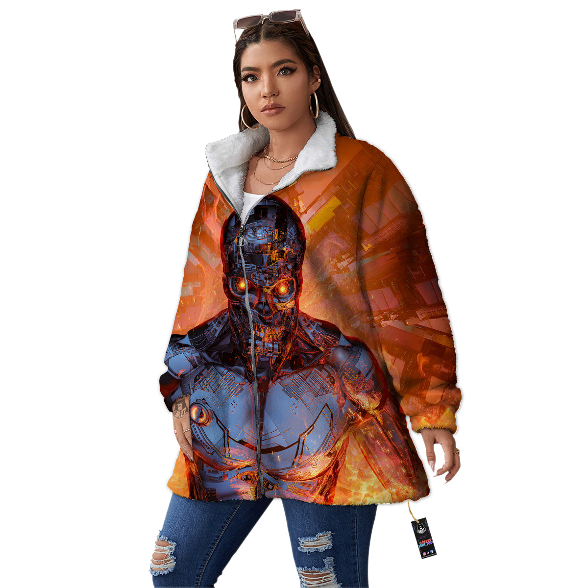 Fire Skeleton Robot Print Women's Sherpa Jacket-grizzshop