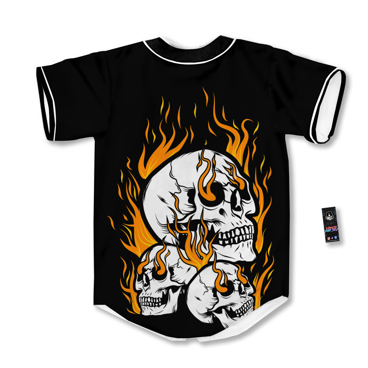 Fire Skull Head Print Baseball Jersey-grizzshop