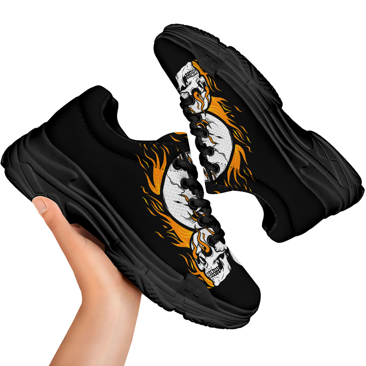 Fire Skull Head Print Black Chunky Shoes-grizzshop