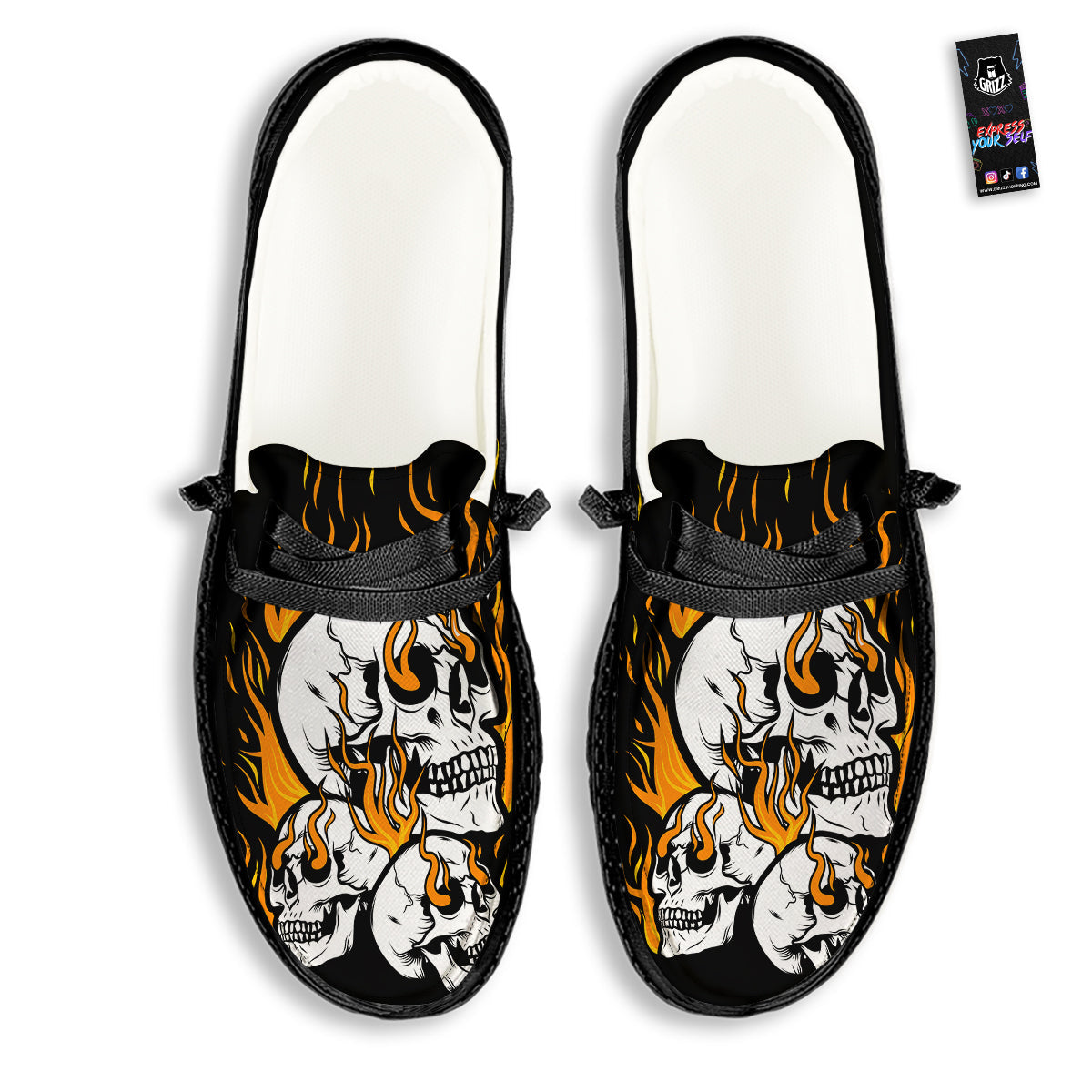 Fire Skull Head Print Black Loafers-grizzshop