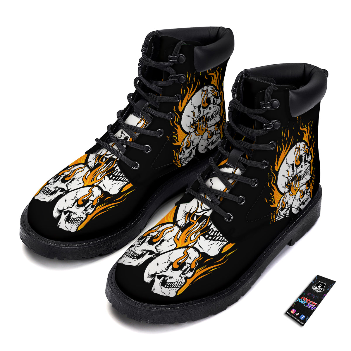 Fire Skull Head Print Boots-grizzshop
