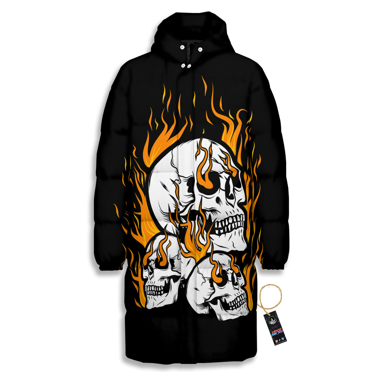 Fire Skull Head Print Long Down Jacket-grizzshop