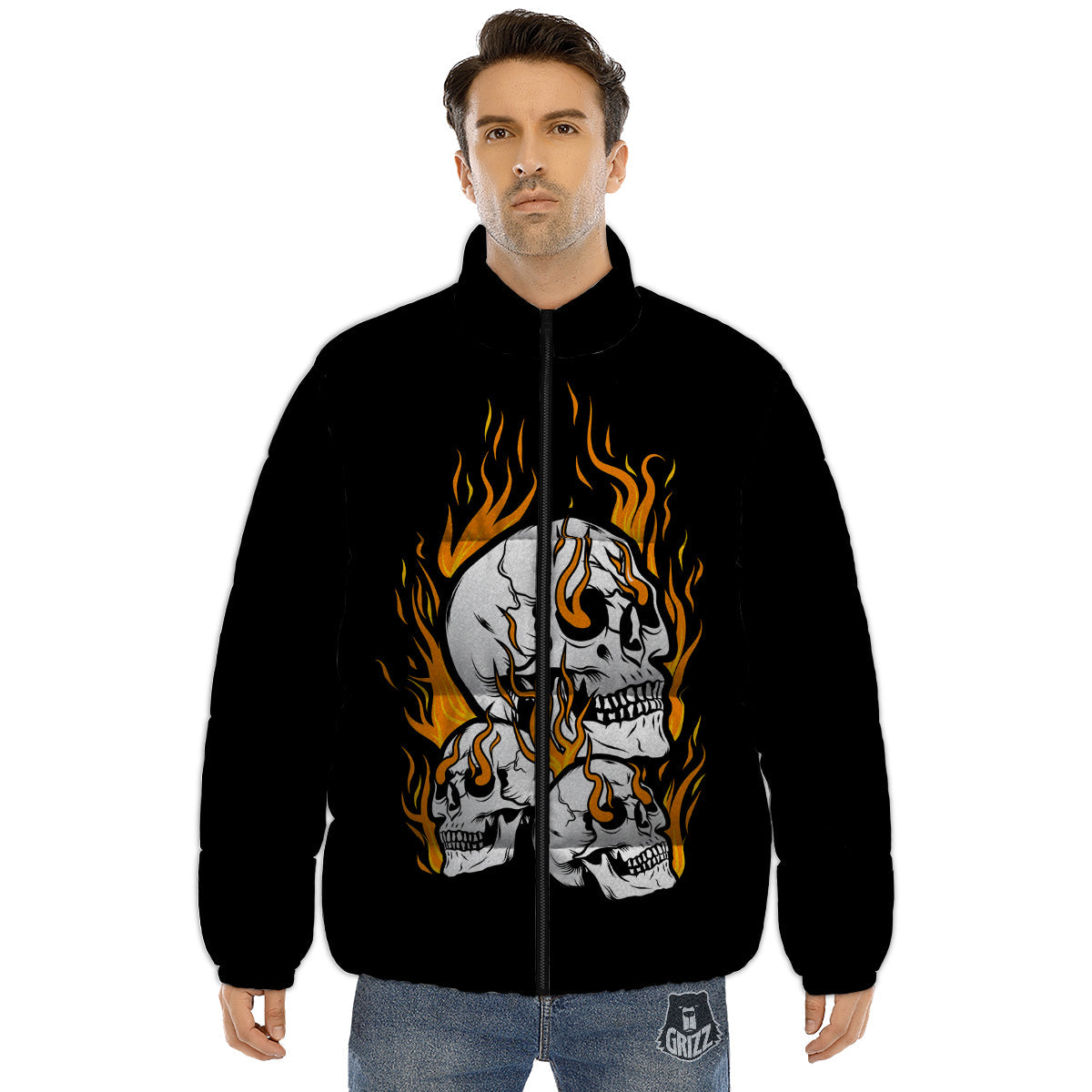 Fire Skull Head Print Puffer Jacket-grizzshop