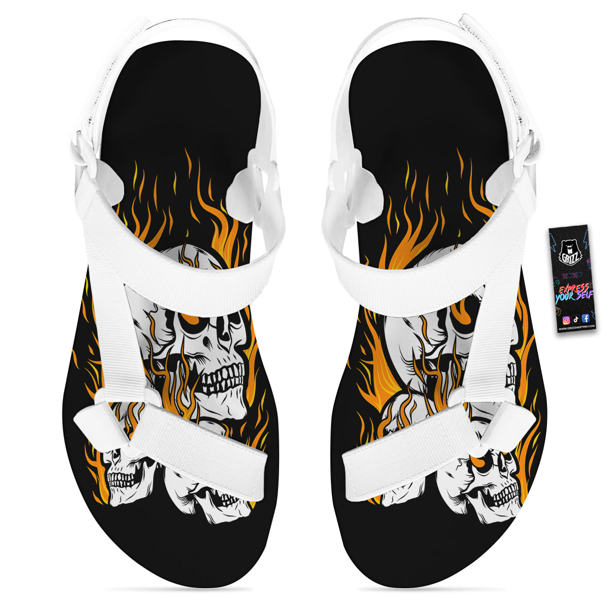 Fire Skull Head Print White Open Toe Sandals-grizzshop
