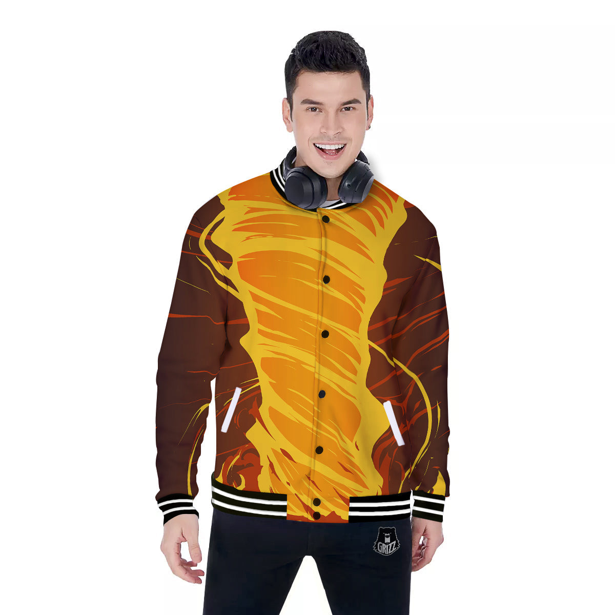 Fire Tornado Print Baseball Jacket-grizzshop