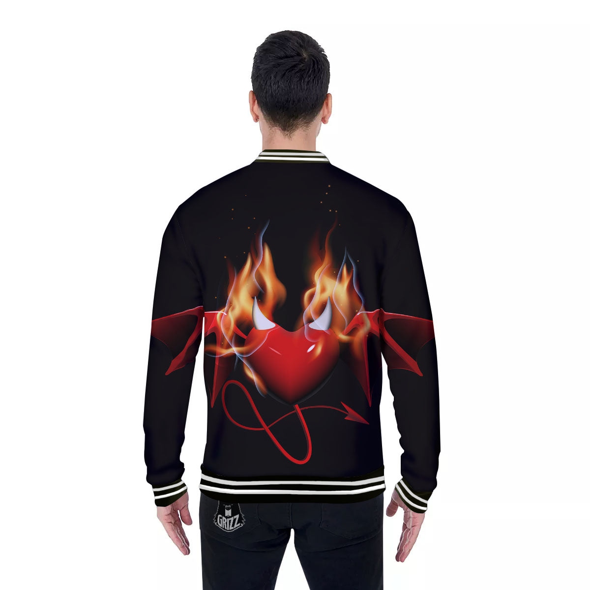 Fire Wings Angel Heart Print Baseball Jacket-grizzshop